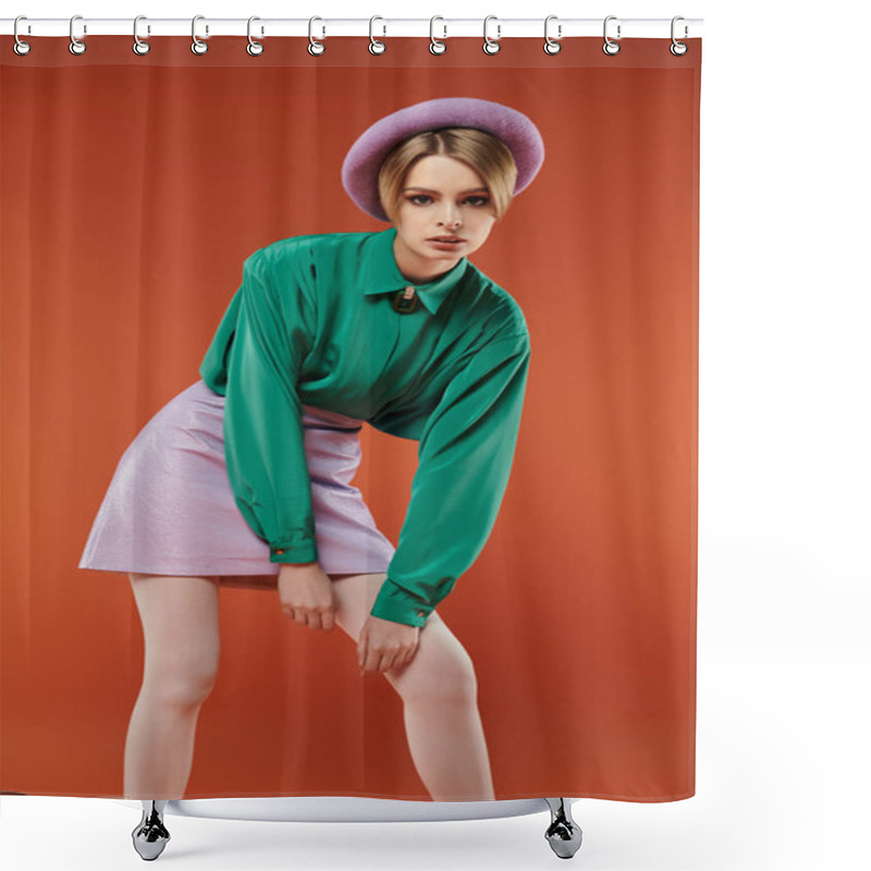 Personality  A Stylish Woman In A Green Shirt And A Lavender Skirt Poses Against A Bright Orange Backdrop. Shower Curtains