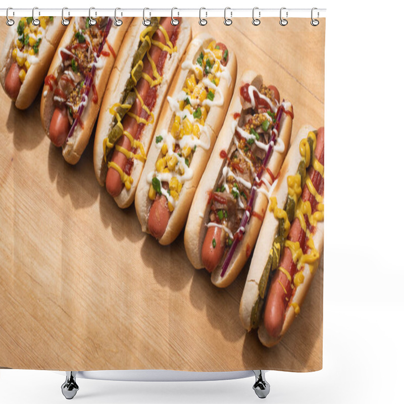 Personality  Various Delicious Hot Dogs With Vegetables And Sauces On Wooden Table Shower Curtains