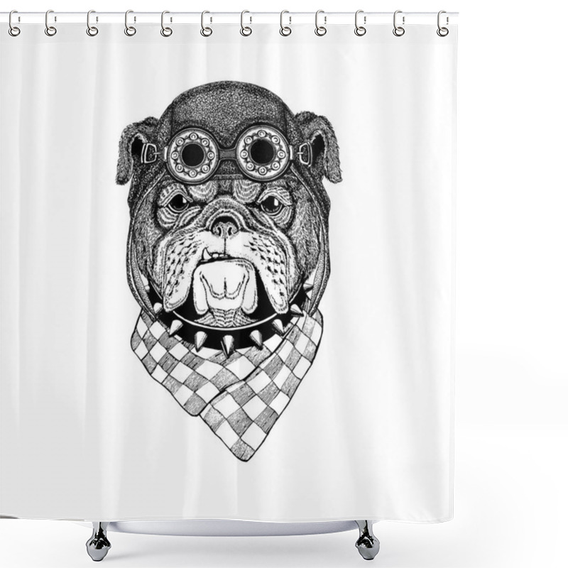 Personality  Bulldog Wearing Aviator Hat Motorcycle Hat With Glasses For Biker Illustration For Motorcycle Or Aviator T-shirt With Wild Animal Shower Curtains