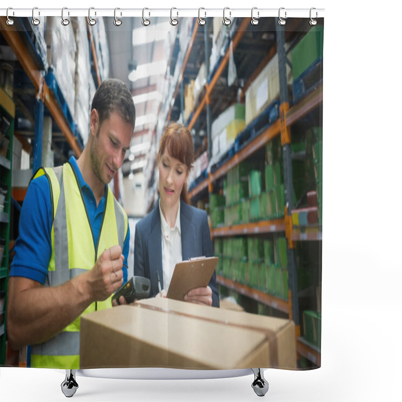 Personality  Worker And Manager Scanning Package In Warehouse Shower Curtains