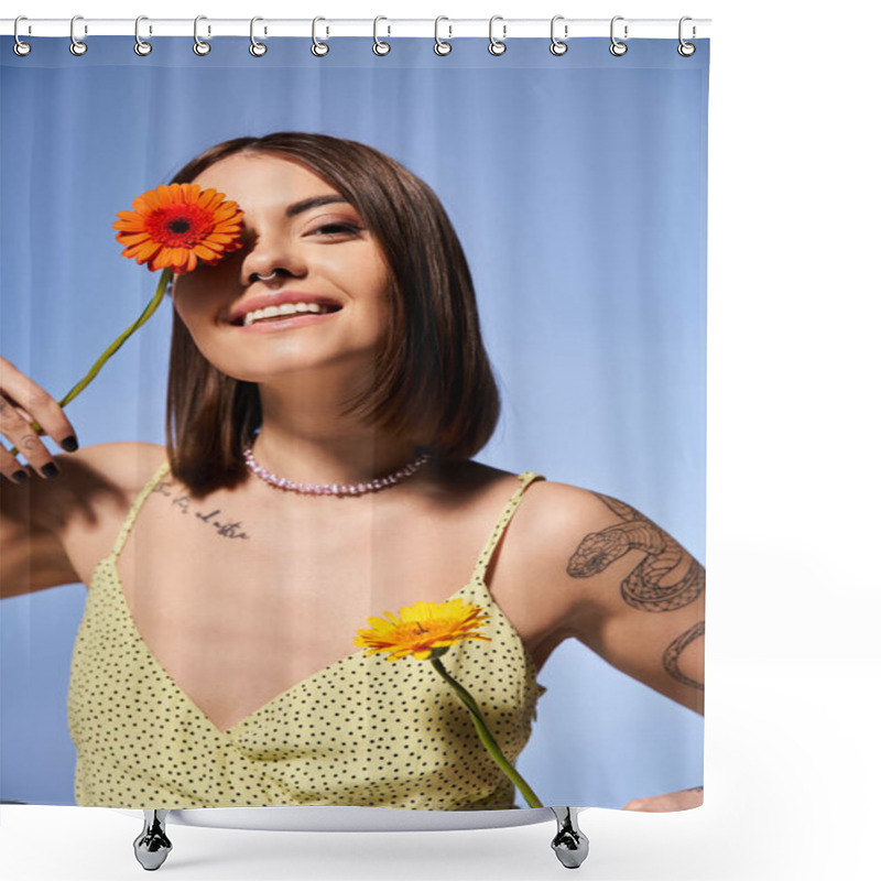 Personality  A Young Woman With Brunette Hair Gracefully Holds A Vibrant Flower In Her Hand. Shower Curtains