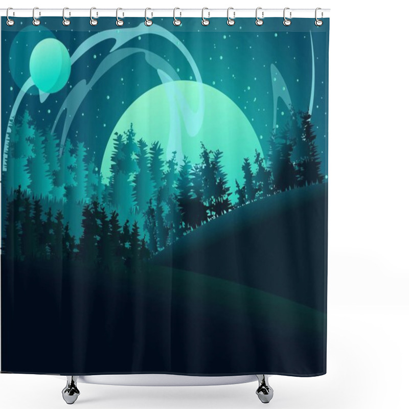 Personality  Full Moon Being Absorbed Into The Fog Of Other Planets. Forest Under A Planet And Northern Lights. Flat Illustration Of A Landcape With Aurora Borealis. Shower Curtains