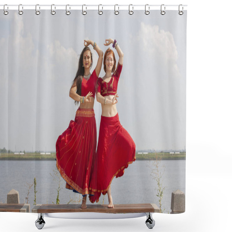 Personality  Pair Of Girls Practice Yoga. Women In A Traditional Saree. Shower Curtains