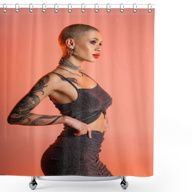 Personality  Tattooed Woman In Grey Lurex Skirt And Crop Top Looking Away On Coral Pink Background Shower Curtains