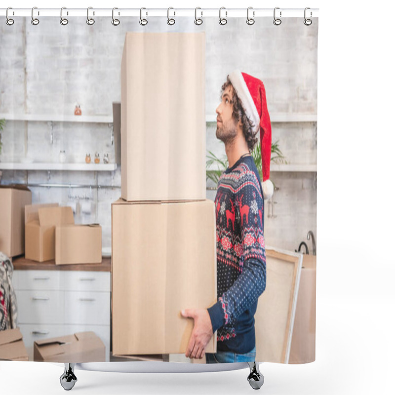 Personality  Side View Of Young Man In Santa Hat Holding Cardboard Boxes During Relocation Shower Curtains