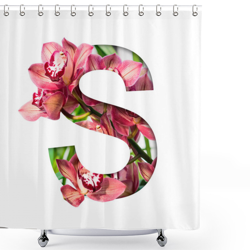 Personality  Flower Font. Letter S Made From Natural Flowers. Composition Of Beautiful Orchids. Text In The Form Of Tropical Plants. Shower Curtains