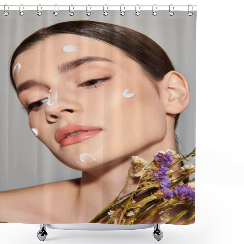 Personality  A Young Woman With Brunette Hair Showcases Her Beauty With White Dots Adorning Her Face In A Serene Studio Setting. Shower Curtains