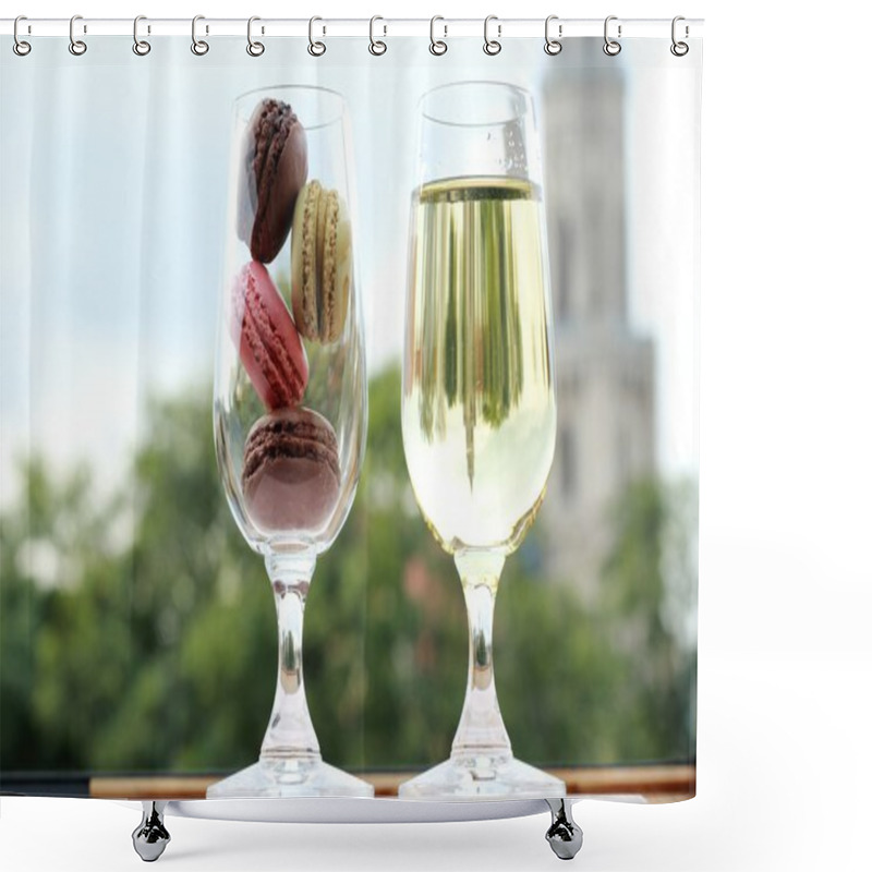 Personality  Two Glasses Of French Macarons And White Wine Shower Curtains