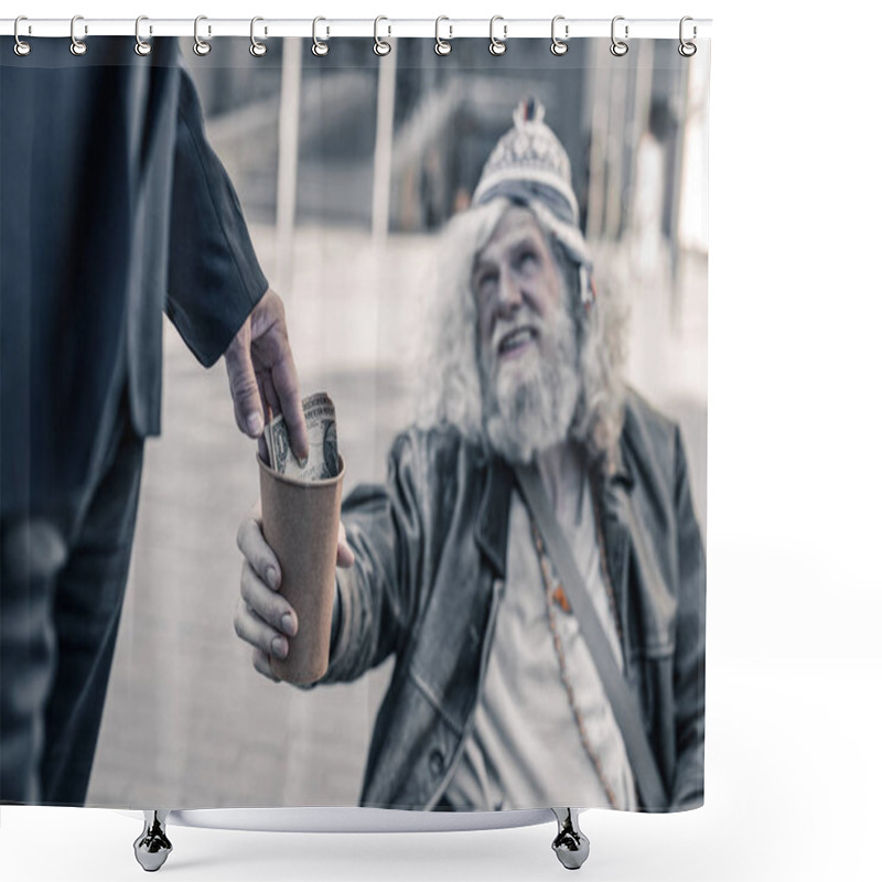 Personality  Thankful Homeless Man With Dirty Hair Stretching Empty Coffee Cup Shower Curtains