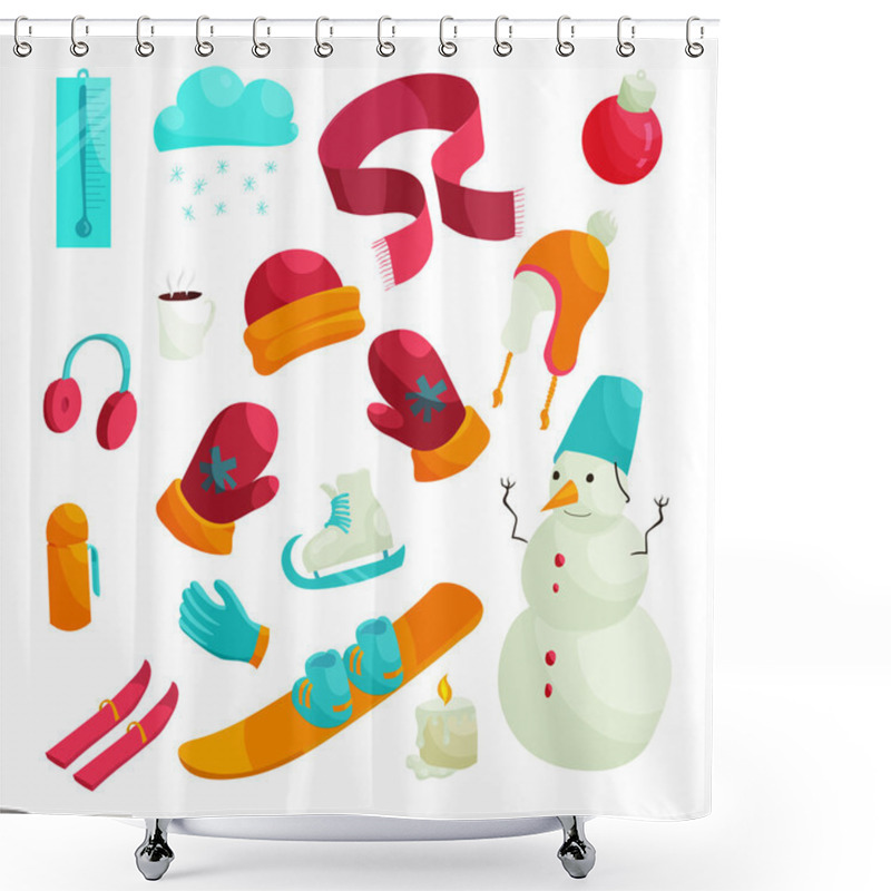 Personality  Winter Icons Set In Flat Style Shower Curtains