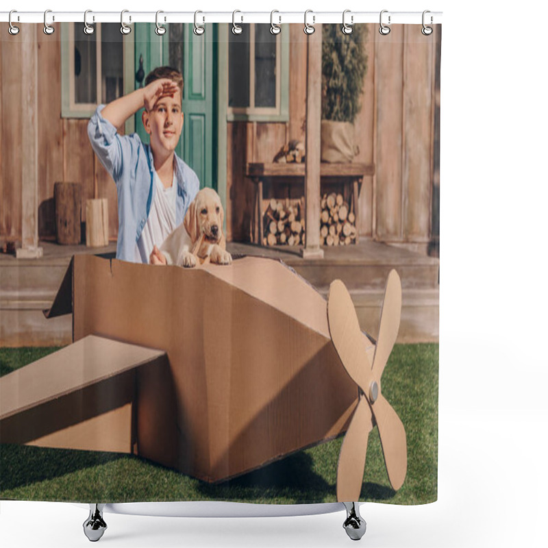 Personality  Boy With Puppy In Cardboard Airplane Shower Curtains