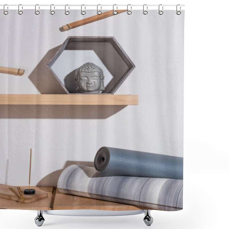 Personality  Sculpture Of Buddha Head In Frame And Yoga Mats With Incense Sticks Shower Curtains