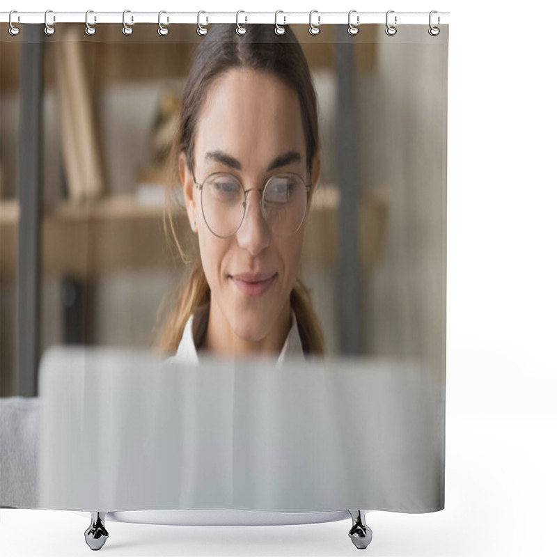 Personality  Close Up Of Smiling Girl Busy Using Laptop At Home Shower Curtains