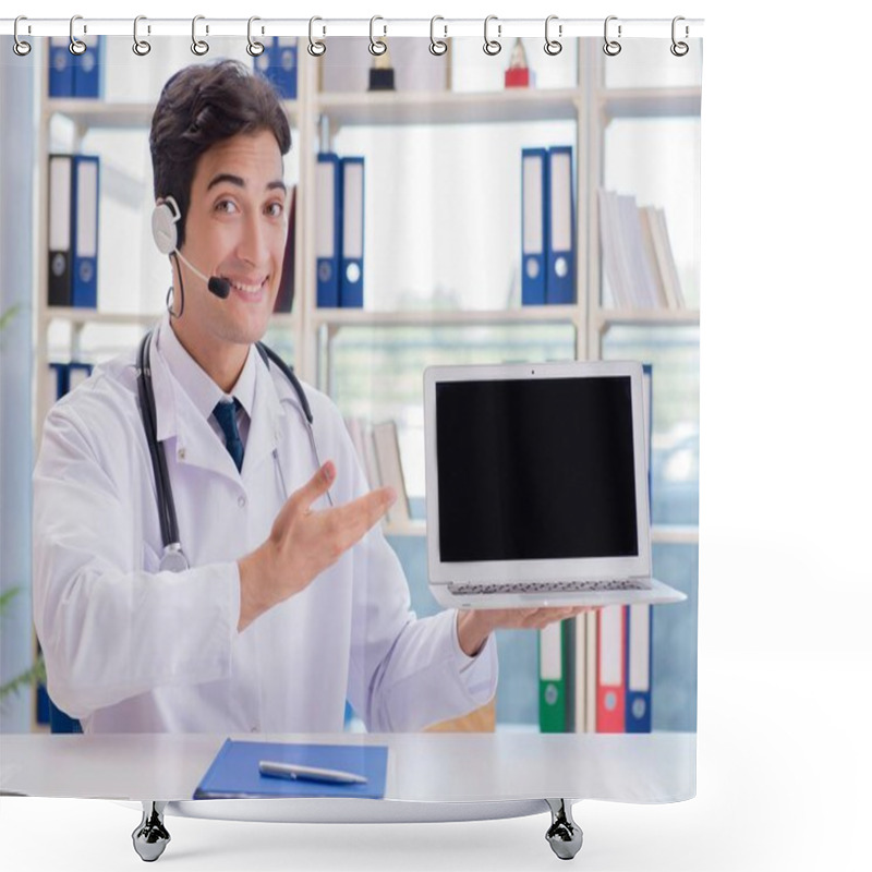 Personality  Young Male Doctor In Telehealth Concept Shower Curtains