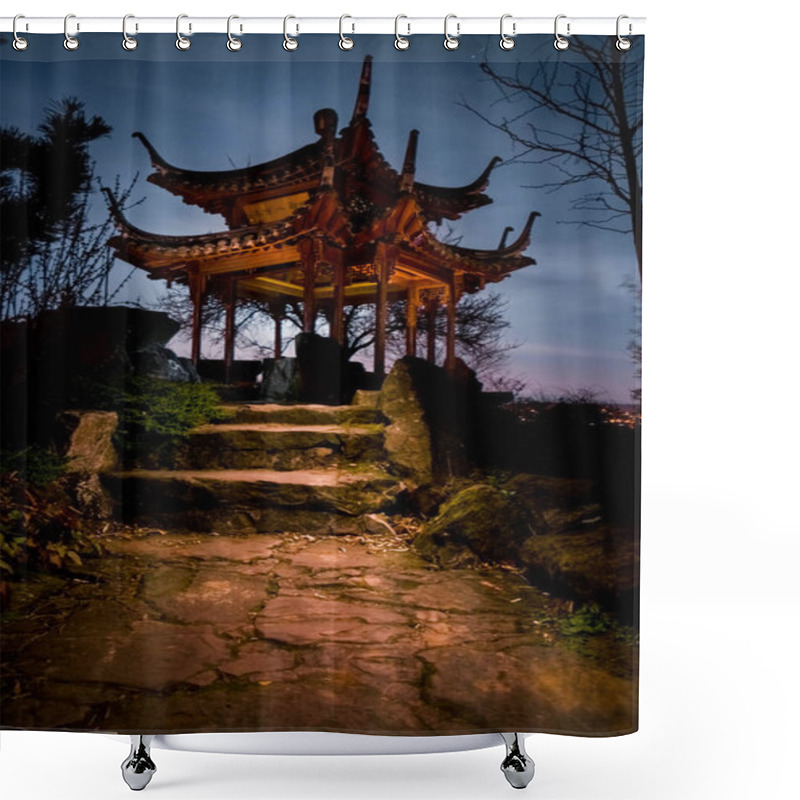 Personality  Chinese Tower Garden Building Temple Stuttgart Night Time Glowin Shower Curtains