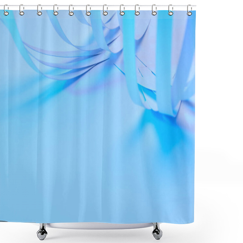 Personality  Close Up View Of Curved Paper Stripes On Neon Blue Background Shower Curtains