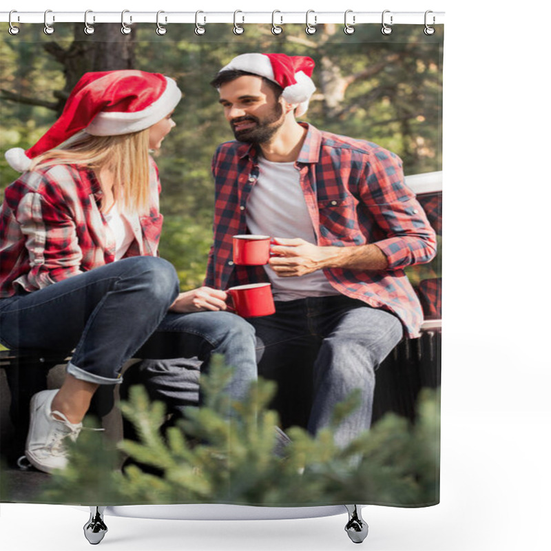 Personality  Happy Couple In Santa Hats Holding Red Cups While Sitting On Pickup Truck With Fir Tree For Christmas In Forest Shower Curtains