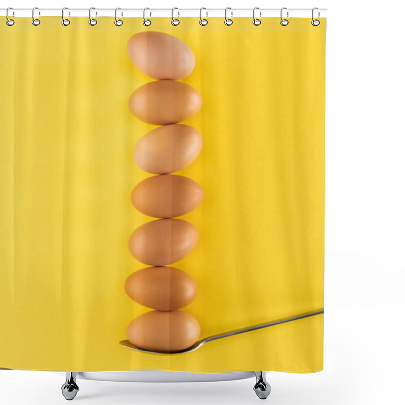 Personality  Seven Brown Chicken Eggs On Spoon On Yellow Background Shower Curtains