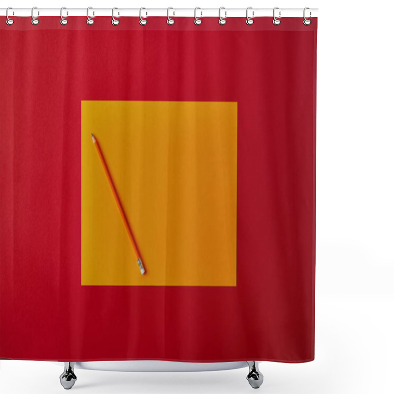 Personality  Top View Of Blank Yellow Paper With Pencil On Red Surface Shower Curtains