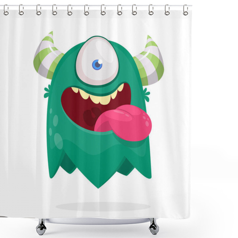 Personality  Cute Cartoon Monster  With Horns With One Eye. Smiling Monster Emotion With Big Mouth. Halloween Vector Illustration Shower Curtains