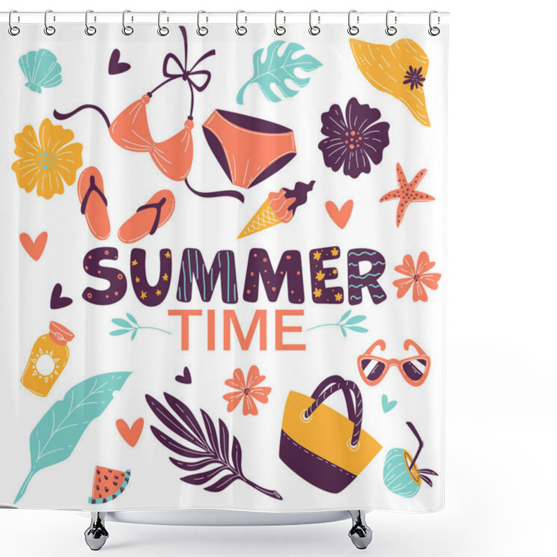 Personality  Vacation Poster With Swimming Suit And Hat, Bag And Flip Flops. Summer Time Banner With Tropical Leaves And Flowers. Clothes And Accessories, Decoration For Beach Travel Or Holidays, Vector In Flat Shower Curtains