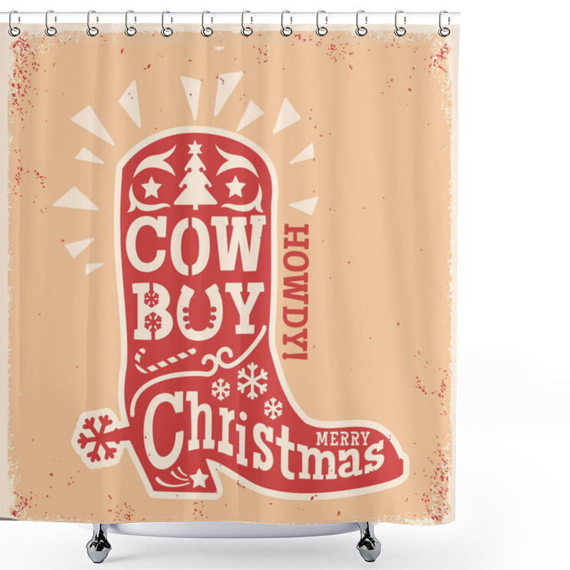 Personality  Cowboy Christmas Silhouette Red Boot Filled With Festive Icons Like Christmas Trees, Snowflakes, Candy Canes, And A Cheerful Howdy Greeting, This Rustic Design Is Perfect For Country-style Holiday Cards, Invitations, And Decorations. Vintage Typograp Shower Curtains