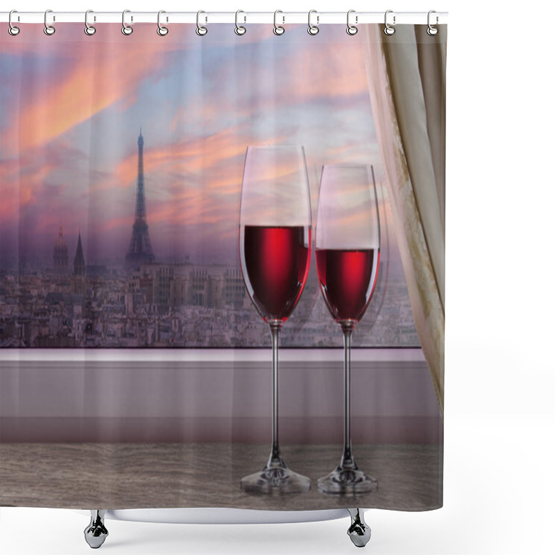 Personality  View Of Paris And Eiffel Tower On Sunset From Window With Two Gl Shower Curtains