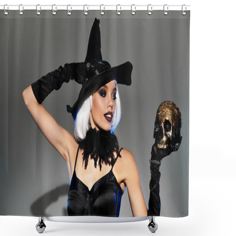 Personality  The Beautiful Witch Showcases Her Costume, Holding A Decorated Skull With Confidence. Shower Curtains