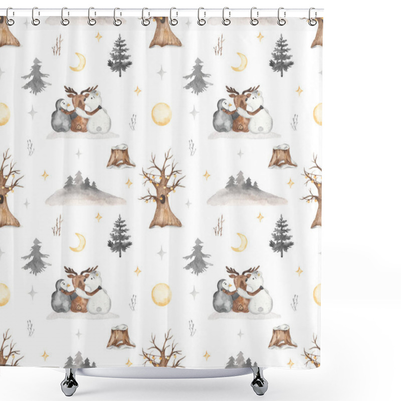 Personality  Arctic Animals Deer, Bear, Penguin, Winter Forest, Fir Trees, Tree On White Background Watercolor Seamless Christmas Pattern Shower Curtains