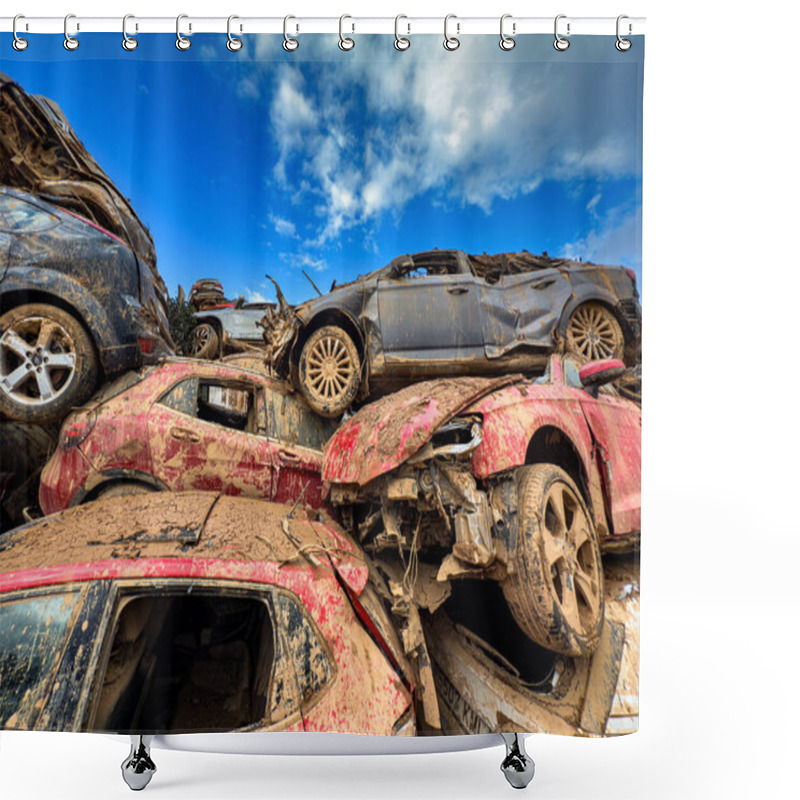 Personality  CATARROJA, VALENCIA SPAIN - DECEMBER 4 2024: After The Dana Floods In Valencia Province On October 29th 2024 Left Massive Wrecked Cars, Impacting Countless Families, Claiming Over 200 Human Lives. Shower Curtains