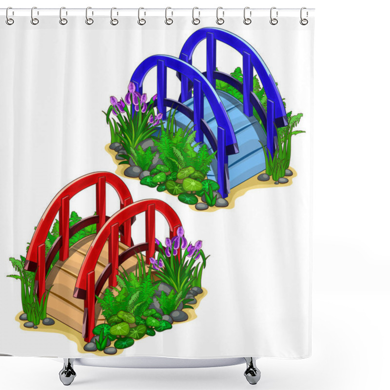 Personality  Vector Red And Blue Decorative Bridges With Plants Shower Curtains