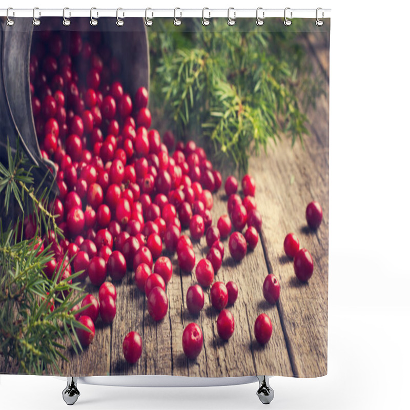 Personality  Fresh Cranberry (cowberry) On Wooden Background Shower Curtains