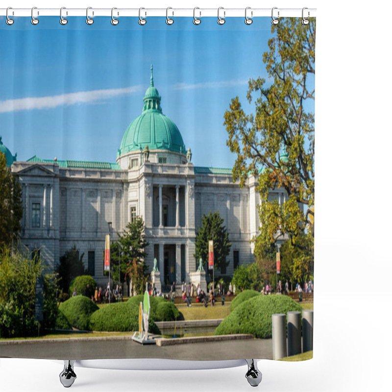 Personality  Tokyo, Japan, 14/11/19. Tokyo National Museum (TNM) In Ueno Park In The Taito Ward Of Tokyo, Main Building On Sunny Day With Tourists Walking. Shower Curtains