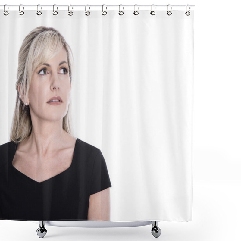 Personality  Portrait Of Isolated Mature Woman Face Looking Sorrowful And Pen Shower Curtains