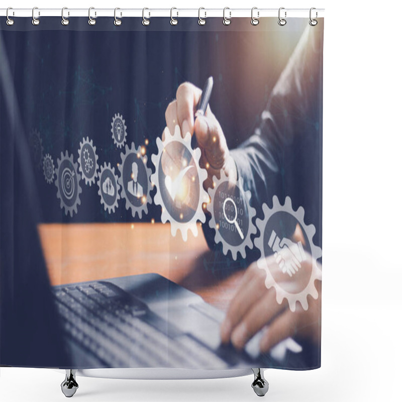 Personality  Business Process Management And Automation With Person Validating Document In Workflow. Digital Transformation, BPM And RPA To Increase Efficiency And Productivity At Work. Shower Curtains