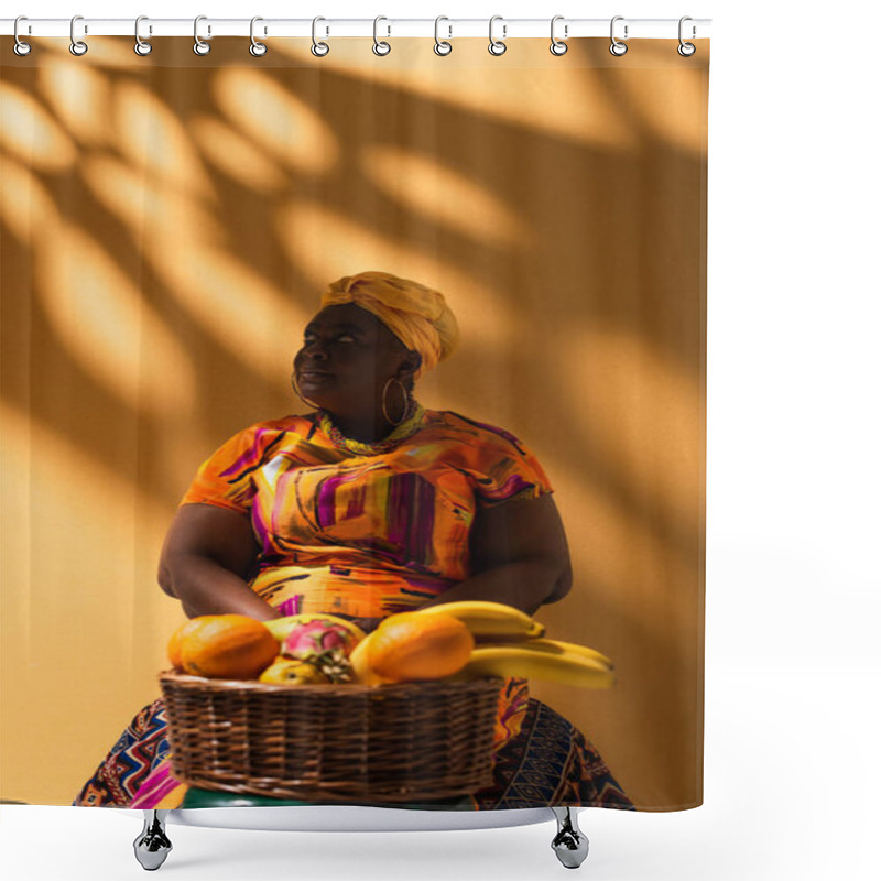 Personality  Middle Aged African American Saleswoman Sitting Near Fruits On Orange Shower Curtains