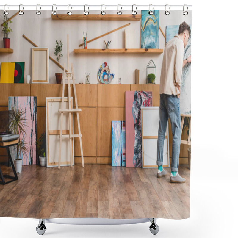 Personality  Artist In Pink Shirt And Blue Jeans Standing In Spacious Painting Studio Shower Curtains