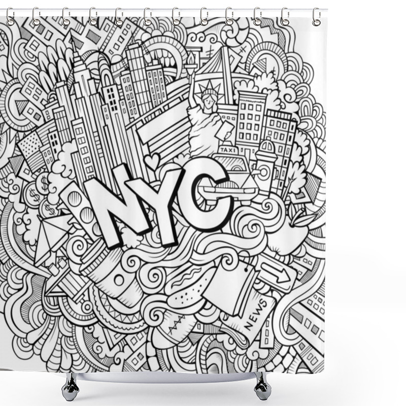 Personality  Cartoon Cute Doodles Hand Drawn New York Contour Illustration. Line Art Detailed, With Lots Of Objects Background. Funny Vector Artwork Shower Curtains