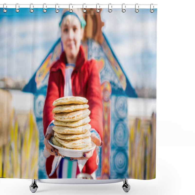 Personality  Stack Of Russian Pancakes. The Concept Of Russian Holiday Maslenitsa, Shrovetide. Selective Fokus In Pancake Shower Curtains