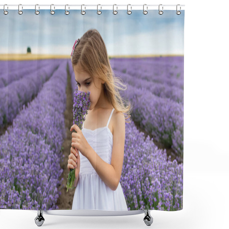 Personality  Portrait Of A Little Girl In A Fully Bloomed Lavender Field, Holding A Bundle Of Lavender And Enjoying Its Aroma Shower Curtains