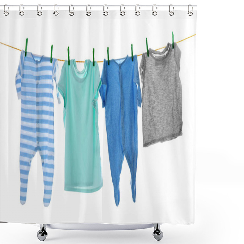 Personality  Children's Clothes On Laundry Line Against White Background Shower Curtains