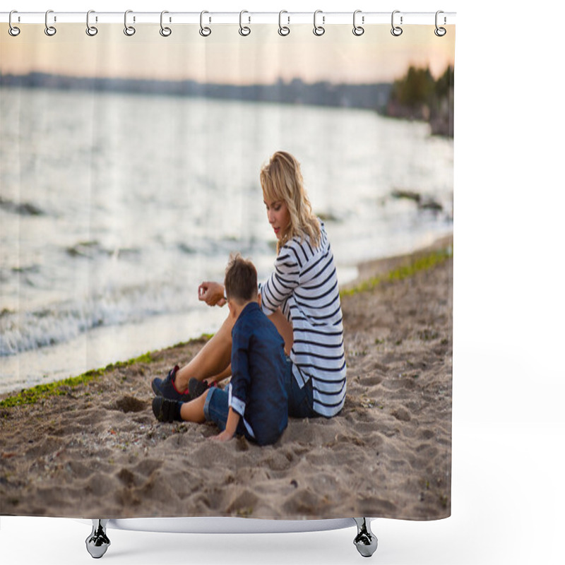 Personality  Beautiful Boy With A Woman Relaxing On The Beach. Shower Curtains