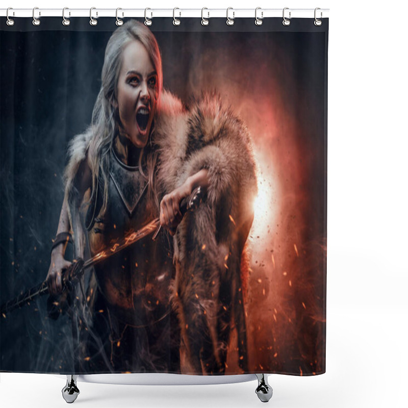 Personality  Fantasy Woman Knight Wearing Cuirass And Fur, Holding A Sword And Rushes Into Battle With A Furious Cry. Cosplayer As Ciri From The Witcher. Shower Curtains