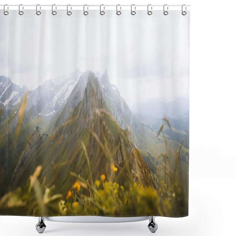 Personality  Majestic Mountain Peak Surrounded By Lush Green Meadows And Wildflowers. Shower Curtains