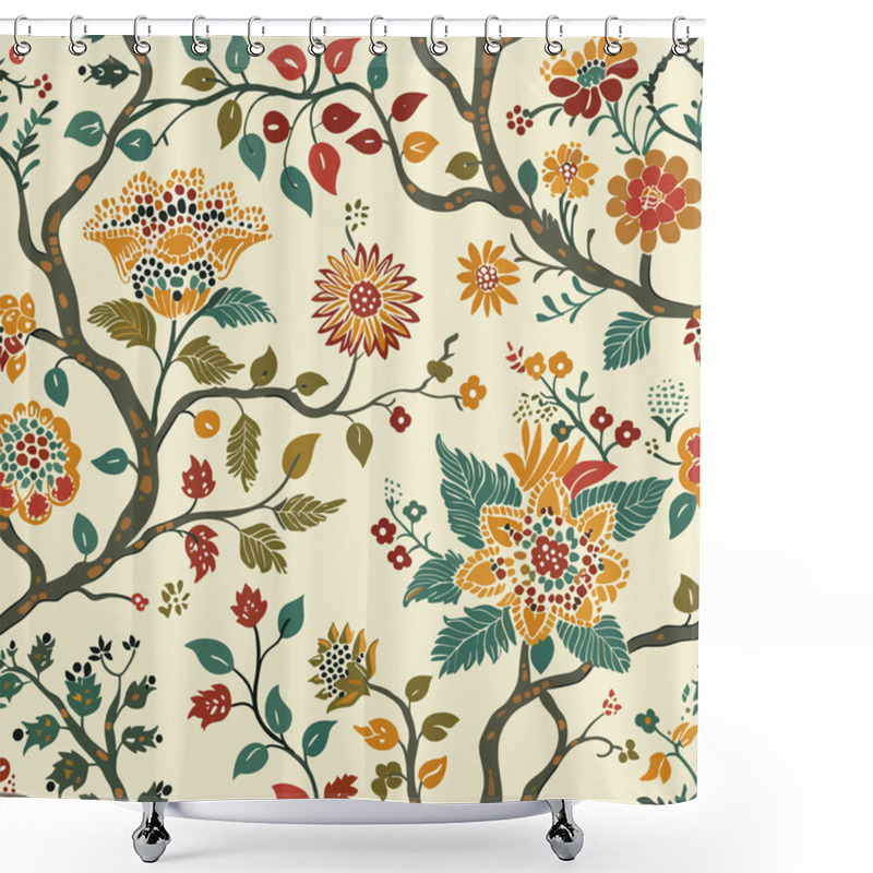 Personality  Block-printed Style Of A Seamless Indian Floral Pattern Kalamkari Muhgal Art. Mystical Mughal Blooms: A Fusion Of Indian And Oriental Ornamental Seamless Patterns.-01. Hand-drawn Indian Art, Indian Painting, And Folk Art Styles. Perfect For Textile Shower Curtains