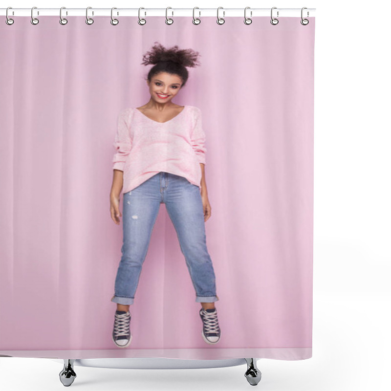 Personality  Happy Afro Girl With Amazing Smile Posing On Pink Background. Shower Curtains