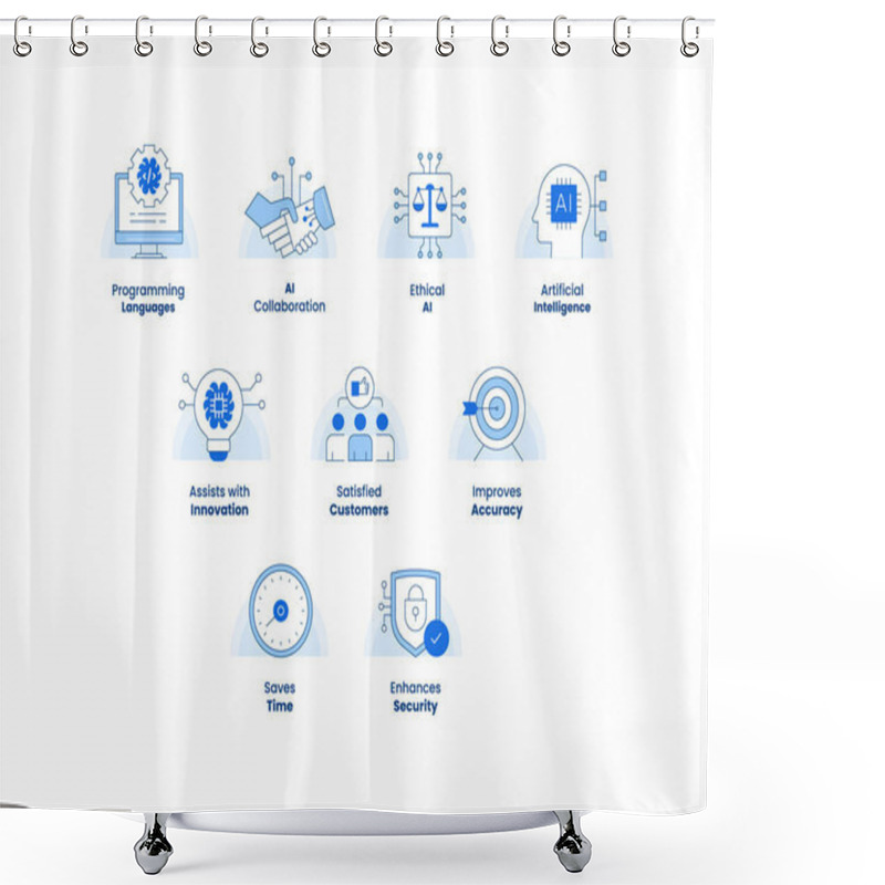 Personality  AI And Machine Learning Icons Set. Includes Ethical AI, Collaboration, Programming, And Benefits Like Accuracy, Security, And Innovation For Modern Technology Projects Shower Curtains