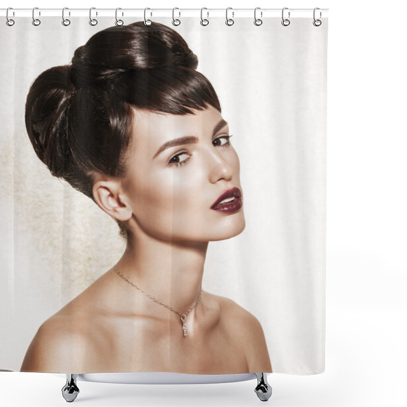 Personality  Portrait Of Gorgeous Brunette With Elegant Makeup Shower Curtains