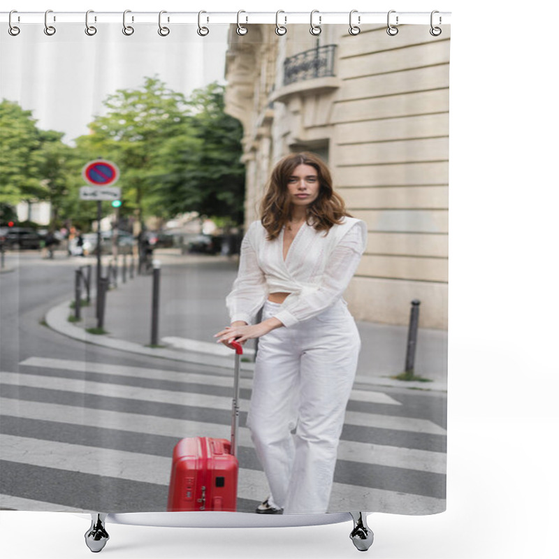 Personality  Stylish Brunette Woman With Suitcase Looking At Camera On Crosswalk In Paris  Shower Curtains