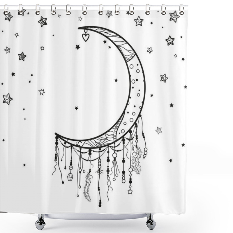 Personality  Dreamcatcher And Many Stars With Abstract Ornate Patterns On Isolation Background. Black And White Illustration Shower Curtains